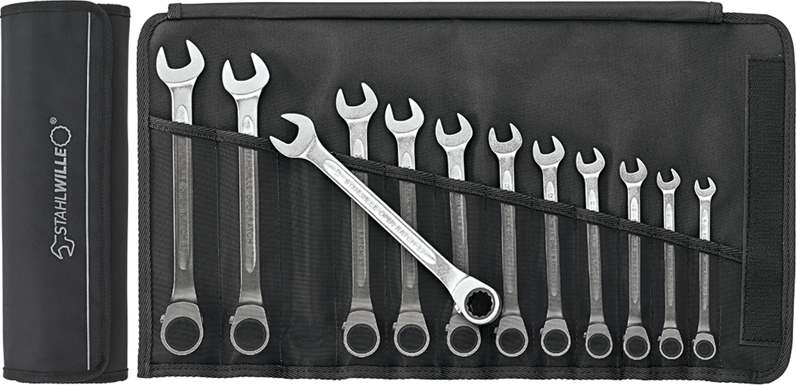 Combination ratcheting spanner set OPEN RATCH 17/12 8-19 12 pcs.