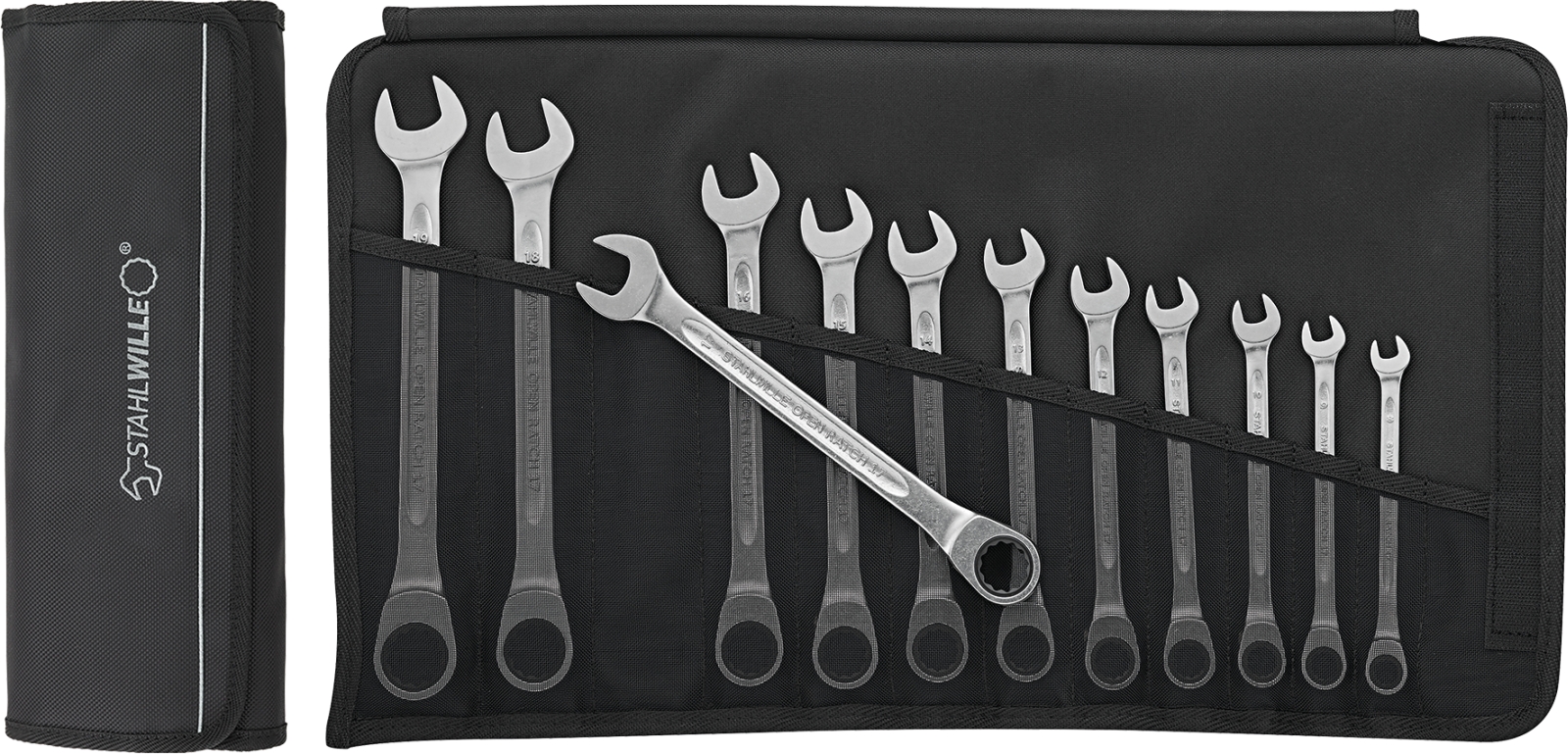Combination ratcheting spanner set OPEN RATCH 17F/12 8-19 12 pcs.
